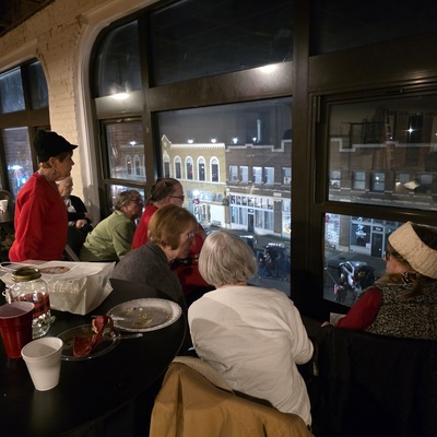 Parade viewing during the annual donor/member/volunteer Christmas Party.