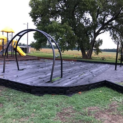 Weed barrier, boarders, and new equipment going up.